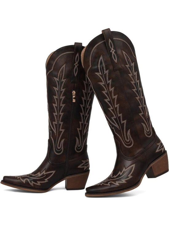 Shoes - Women's Brown Western Cowgirl Knee High Boots Pointed Toe Chunky Heel Leather